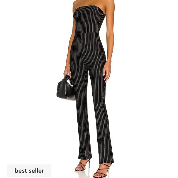 Superdown Kristina Jumpsuit Black & White Pinstripe Strapless Size Large - Picture 1 of 10